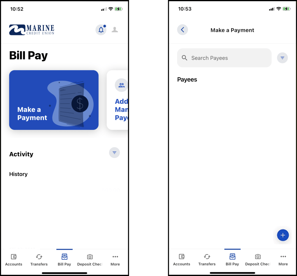 Bill Pay main screen